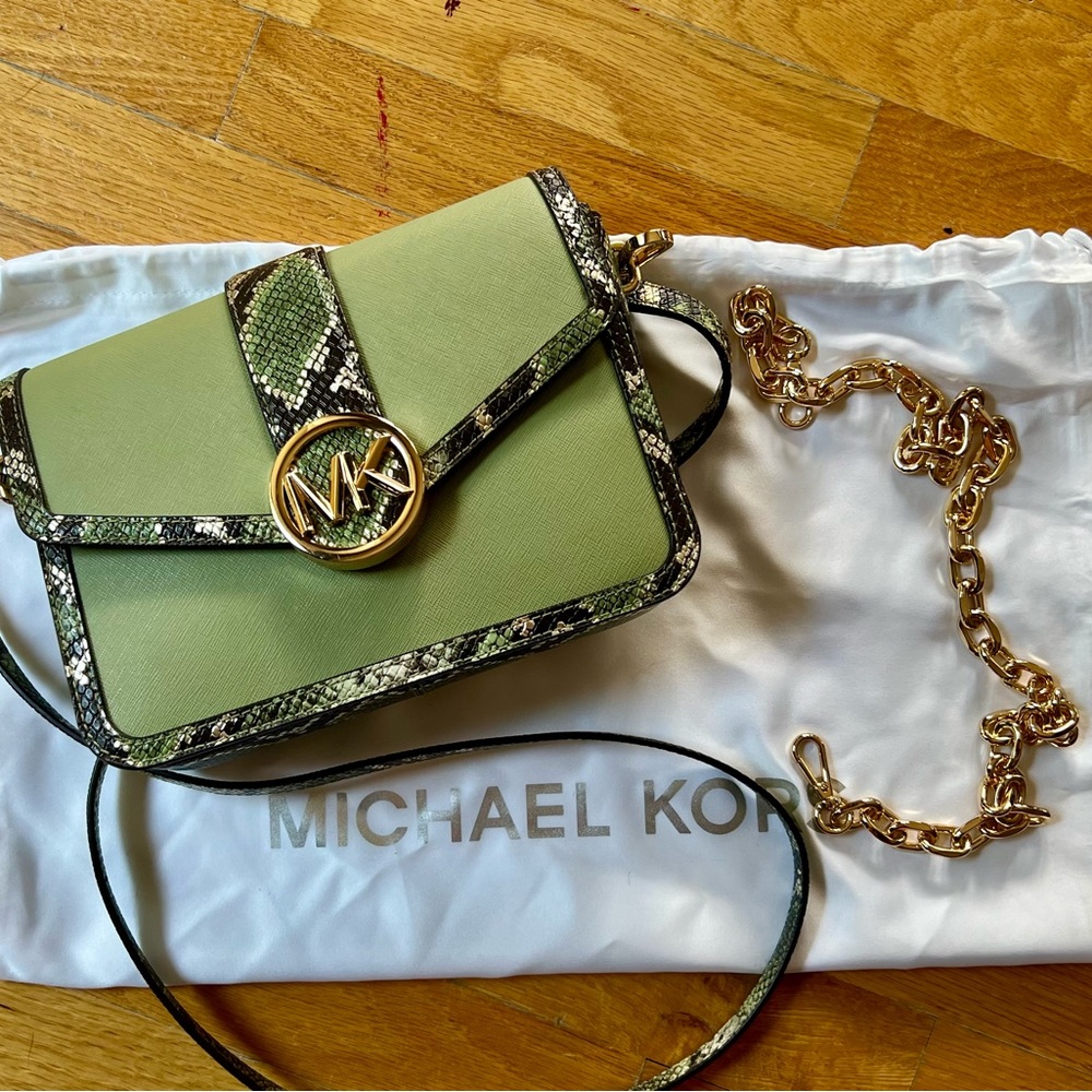 EUC Michael Kors Carmen Medium Bag, Green w/Snakeskin,Dust Bag,Two Straps